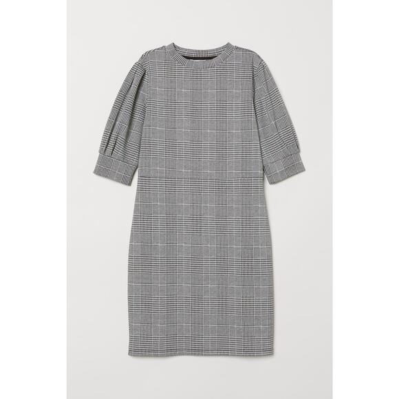H&M Gray Plaid Puff Sleeve Short Sleeve Mini Dress Women's Size Medium - Picture 1 of 8